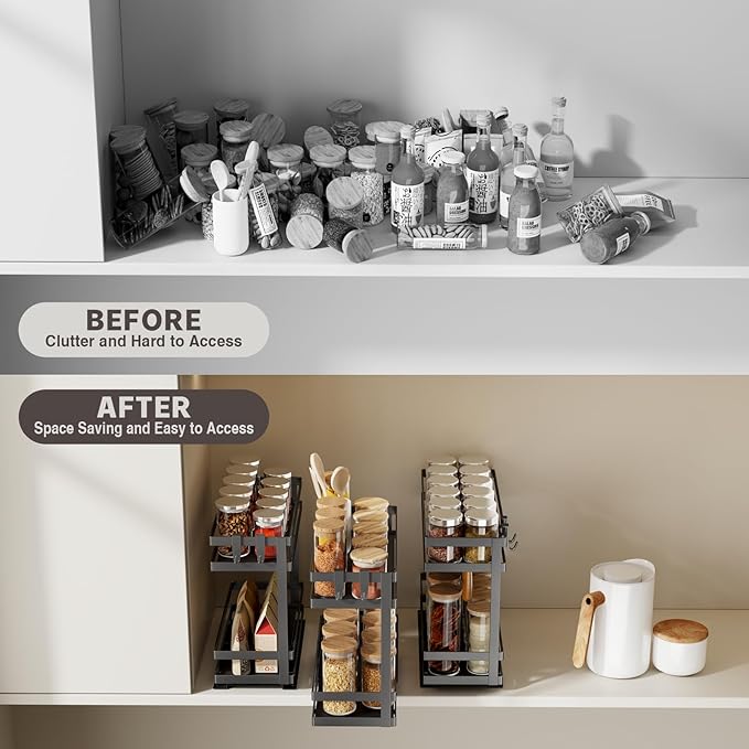 Magheo Pull Out Spice Rack Organizer for Cabinet, 2 Pack Metal Seasoning Organizer Slide Out Spice Storage Shelf No Assembly Vertical Spice Rack Pullout for Kitchen & Bahthroom No Drill(2 Tier,Black)