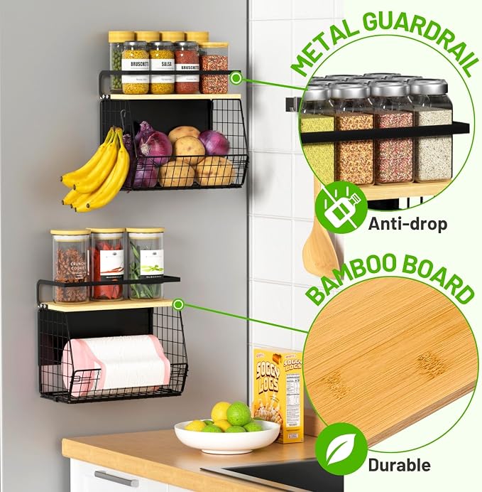 Magnetic Shelf for Fridge with Wood Lid, Fruit Potato and Onion Storage Bins, Pantry Organizers & Storage, Large Container Magnetic Spice Rack for Refrigerator, Kitchen Counter (Black, 1)