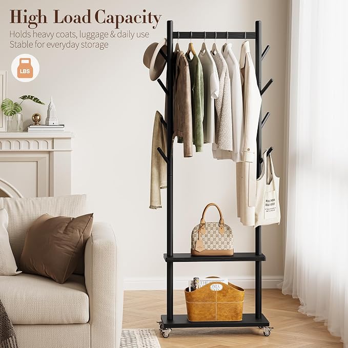 Yoobure Solid Wood Coat Rack Freestanding - Rolling Clothes Rack with 8 Hooks & Shelves, Small Clothing Rack with Wheels, Heavy Duty Clothing Racks for Hanging Clothes, Portable Hall Tree for Entryway