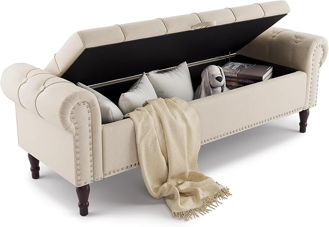 Cozyman Storage Bench Ottoman, 61" King Linen Rolled Arm Bedroom End of Bed Bench, Window Bench with Button Tufted and Nailhead Trim for Foot of Bed Bench, Bedroom, Entryway, Living Room, Linen Color