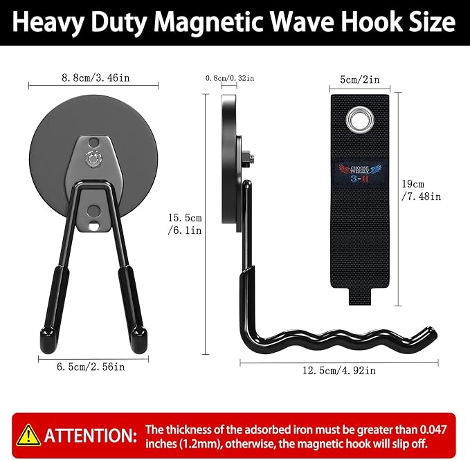 3-H Heavy Duty Magnetic Hooks, Large Magnet Hooks 3.5 inch Base,2 Pack | No-Drill Tool Holder for Garage,Power Drill,Garden Tools,Hose Storage