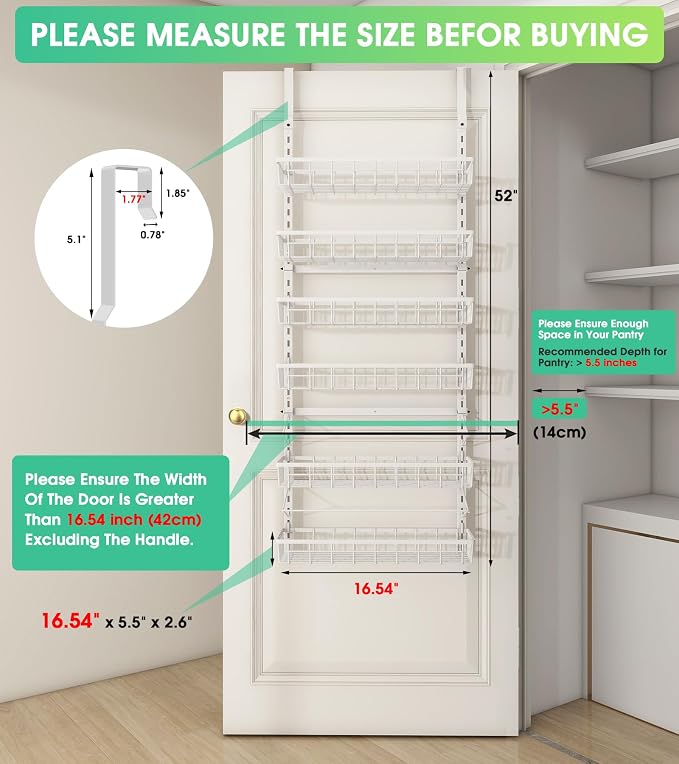 Mefirt Over The Door Pantry Organizer, Wall Mount Spice Rack 6-Tier White | Pantry Hanging Organizers and Storage, Adjustable Baskets Heavy-Duty Metal for Home & Kitchen, Back of Door Seasoning Rack