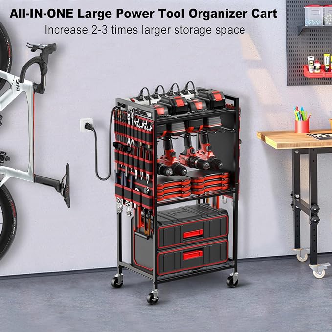 JUNNUJ Power Tool Organizer Cart with Charging Station, 6 FT Cord, Red | Floor Standing, Large Garage Rolling Storage Cart on Wheels, Heavy Duty Drill Battery Storage Rack, with 8 Outlet Power Strip