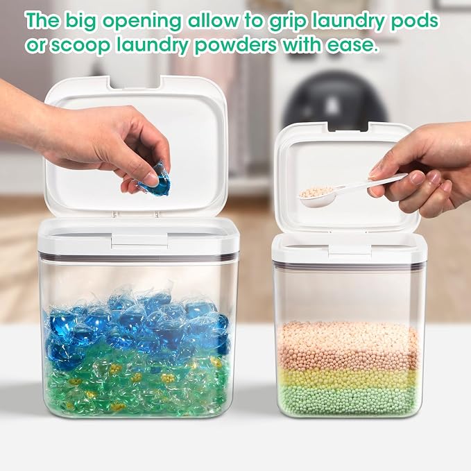 2 Pack Laundry Pods Container with One-Click Pop-up Lid 95 oz + 68 oz | Laundry Room Detergent Storage Containers for Laundry Powder, Scent Booster, Dryer Sheet, Dryer Ball, Dishwasher Pod Holder