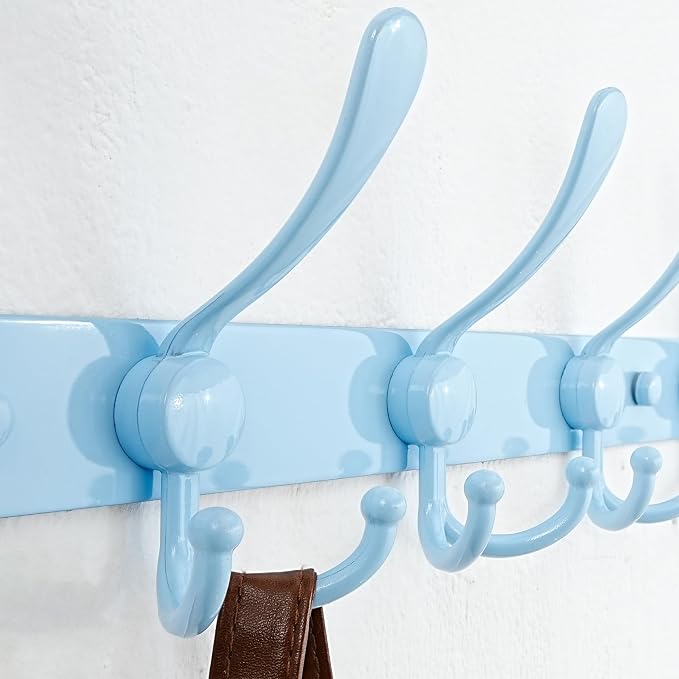 Dseap Coat Rack Wall Mounted - 5 Tri Hooks, Heavy Duty, Stainless Steel, Metal Coat Hook Rail for Coat Hat Towel Purse Robes Mudroom Bathroom Entryway (Blue, Pack of 2)