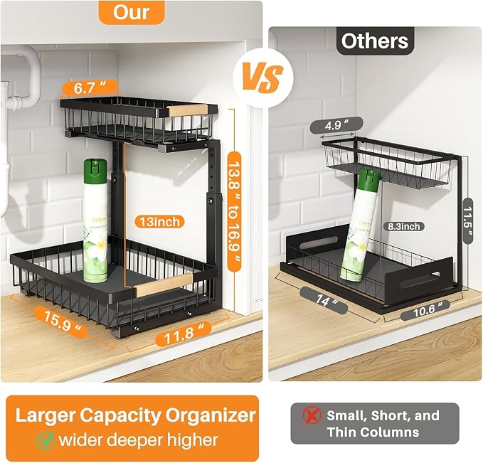 PXRACK Under Sink Organizer, Adjustable Height, 2 Tier Pull Out Under Cabinet Organizer, Slide Out Thickened Metal Under Sink Storage for Kitchen Bathroom Laundry Pantry Cabinet, Black, Large-1-Pack