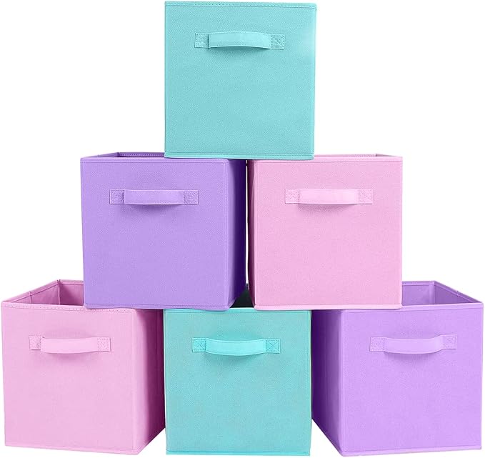 PowerKing Collapsible Storage Cubes, Farbic Storage Bins, 3 Colors, 6 Pack | Sturdy, Lightweight, Easy Pull Handle, Closet & Shelf Organizer, Clothes and Toys Storage, 10.5'' x 11'' x 10.5''