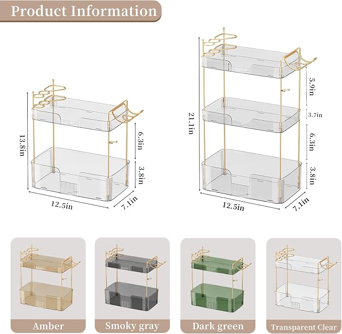 Akinbas 3 Tier Bathroom Organizer Countertop Makeup Perfume Tray Skincare Organizer Comes with Hair Dryer Rack and Toothbrush Holder for Bathroom Dresser Vanity (White)