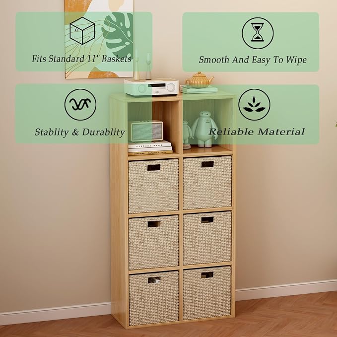 OSCHF 8-Cube Storage Shelf Bookcase, Oak | Wooden 4-Tier Open Bookshelf, Fits 11×11" Bins, Vertical or Horizontal Use, Full Back Panels, For Home Office