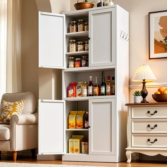 AQY Kitchen Pantry Cabinet,72" White Pantry Cabinet 3-Tier Adjustable Shelves 4 Doors, Freestanding Cupboard with Microwave Stand, Metal Cabinet with Handle for Living Room Kitchen Assembly Required