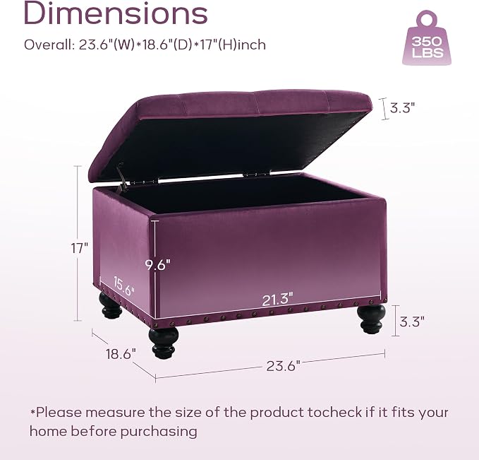 Zihanhome Velvet Storage Ottoman Bench, Button Tufted Ottoman with Hidden Storage, Upholstered Foot Rest Stool with Solid Wood Legs for Living Room, Bedroom, Entryway & Small Spaces (Purple)
