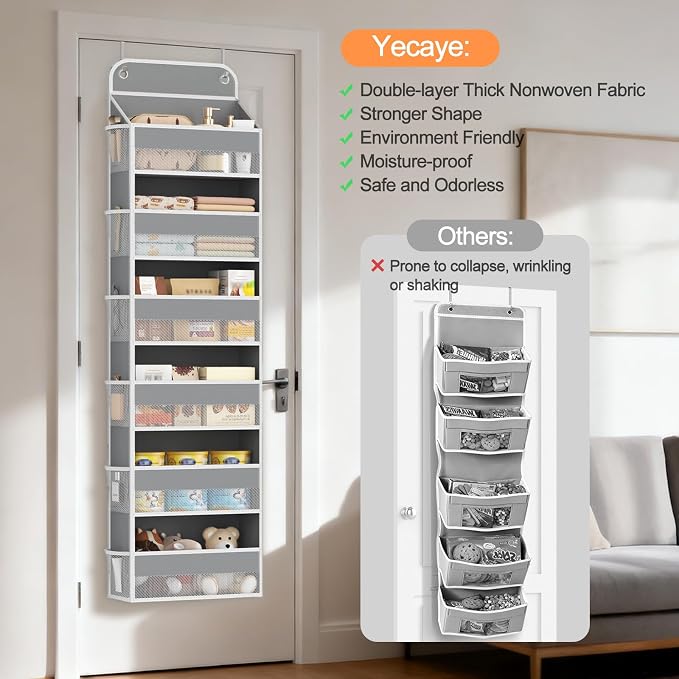 Yecaye 6 Tier Over the Door Organizer, 52.8lbs Capacity Door Organizer Hanging with 12 Mesh Pockets, Behind the Door Storage for Closet Baby Nursery Bathroom Bedroom,and Dorm,1Pc