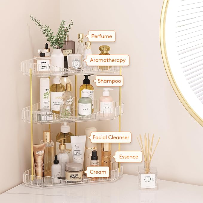 Lifewit 3 Tier Corner Bathroom Counter Organizers and Storage, Clear | Plastic Makeup Skincare Organizers Countertop, Large Sink Cosmetic Perfume Shelf for Bedroom, Dresser, Kitchen, Vanity
