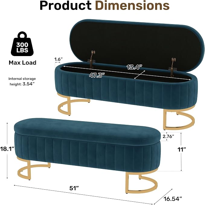 51" Velvet Storage Ottoman Bench End of Bed for Bedroom Entryway Dark Blue