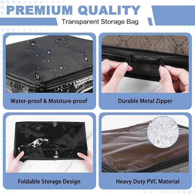 Clear Zippered Plastic Clothes Storage Bags, 6 Pack, Black | Clear Storage Bags with Zipper Plastic Storage Bags for Clothes Sweaters Blankets Sheets, Size: 12 x 12 x 4 Inch