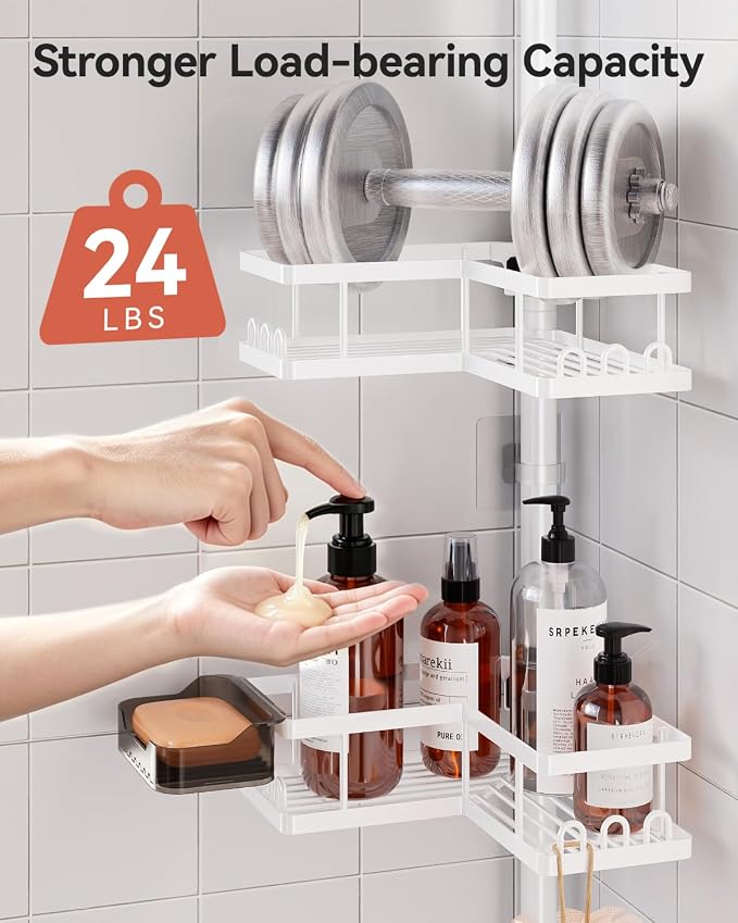 YASONIC Corner Shower Caddy Tension Pole, 25.7-109.1in Adjustable Shower Shelves, Rust-Resistant Shower Organizer, No-Drill 3-Step Installation, Bathroom Shelves for Renters & Family, White