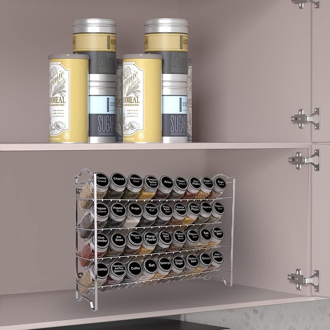 SWOMMOLY Spice Rack Organizer with 36 Spice Jars 4 oz and 396 Spice Labels | Chalk Marker, Funnel Set, Spice Organizer for Cabinet, Countertop, Pantry, Cupboard & Wall Mount, 16.5" W × 12.6" H, Silver