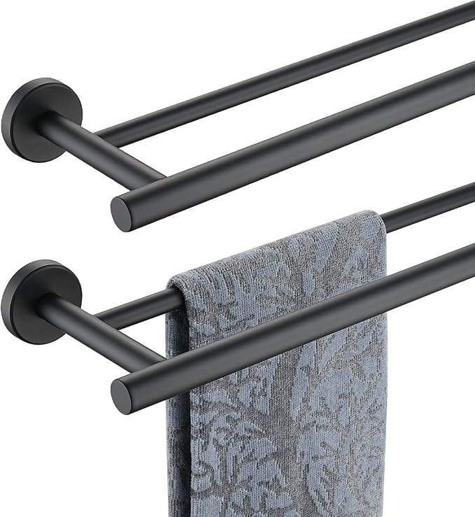 JQK Double Towel Bar 27 Inch, Matte Black Useable Length 24 Inch 304 Stainless Steel Thicken 0.8mm Bath Towel Rack for Bathroom, Towel Holder Wall Mount 2 Pack, TB100L24-PB-P2