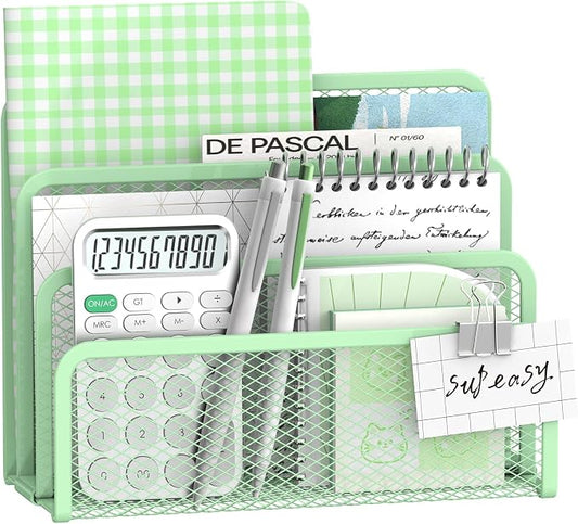 SUPEASY Mail Organizer for Desk, Mesh Metal Mail Holder Countertop with 3-Slot, Letter Sorter File Holder, Office Envelope Organizer for Mails (Mint Green)