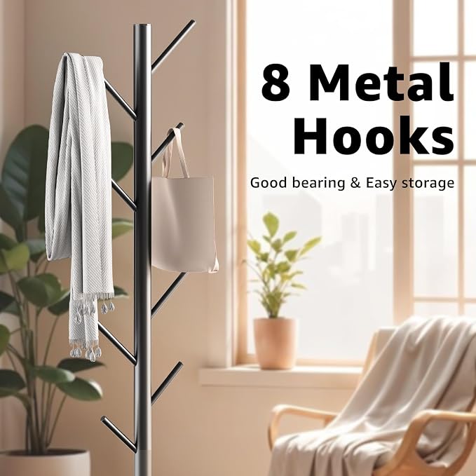 HzTinT Coat Rack with Natural Marble Base, Metal Freestanding Coat Rack with 8 Hooks, 3 Adjustable Size Sturdy Coat Tree for Bags, Coats, and Hats for Entryway, Hallway, Bedroom, Office, Black | 8 Metal Hooks, Holds Coats, Bags & Hats, For Entryway, Be...