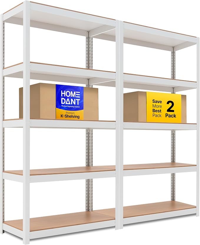 HOMEDANT House 36.2" W 5 Tier Heavy Duty Garage Shelving Adjustable Metal Rack Storage Shelves Standing Shelf Unit Organizers Pantry Closet Office White 2Pack