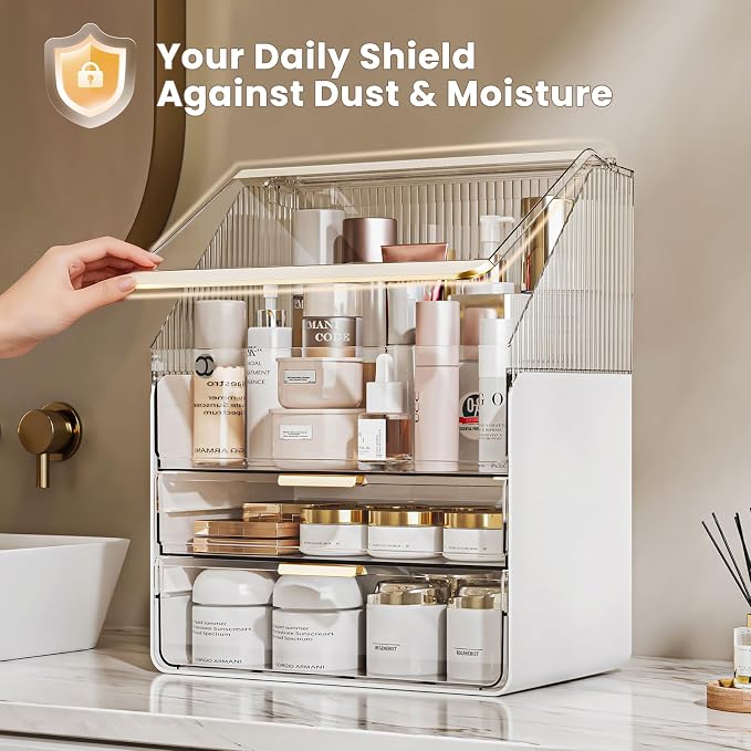 Makeup Organizer Countertop with Drawers & Lid, Skincare Organizer for Vanity, Large Cosmetic Organizer & Display Cases and Storage for Bathroom & Desktop. Perfect for Girl Women Mom Gifts