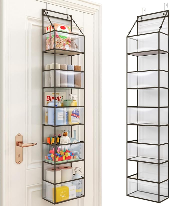 Over Door Organizer Hanging Storage 5 Shelf Clear Pockets Pantry Closet | 5 Shelves, Clear Plastic Pockets, Sturdy Hanging Design, for Pantry Closet Bedroom Nursery and Bathroom Storage