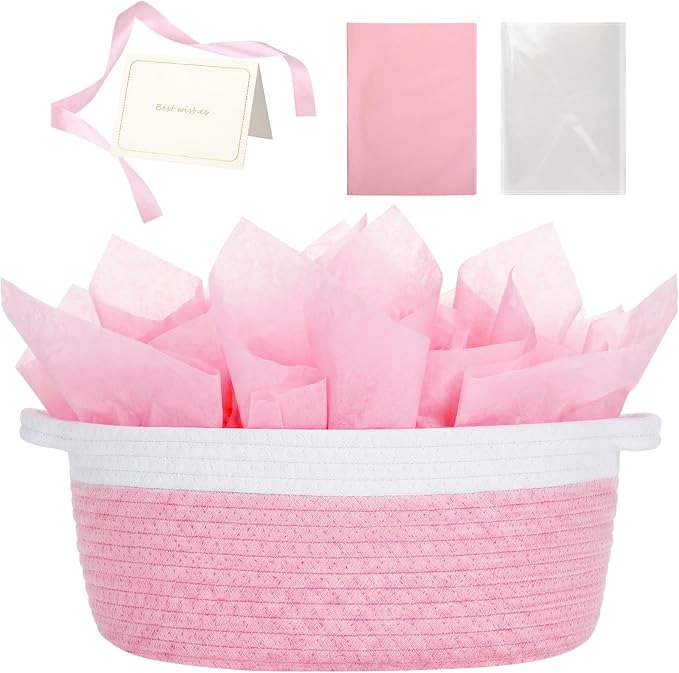 woric Baby Gifts Basket 12 x 8 x 5 in Woven Basket Rope Baskets | Soft Cotton for Wedding Gifts Empty Baby Shower Toy Storage Girls Birthday (Pink with Gift Bag Card Ribbon Tissue Paper)