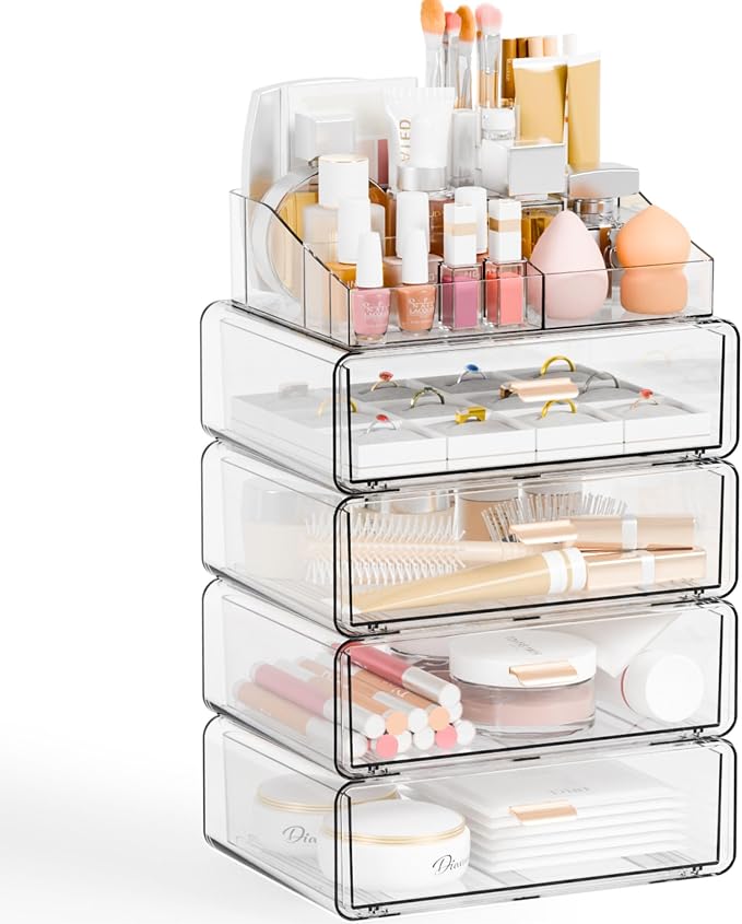 Yieach Clear Acrylic Makeup Organizers Countertop for Dresser,Desk,Bathroom Vanity,5Tier Stackable Make up Holders and Makeup Cabinet,Tiered Cosmetic Storage and Make up Containers for Palette,Brush
