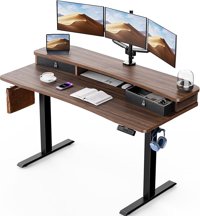 HUANUO 60″ x 30″ Electric Standing Desk with 2 Drawers, C-Clamp Mount Compatible, Height Adjustable Computer Desk, Home Office Stand Up Desk with 4 Preset Heights & 2 Hooks, Walnut