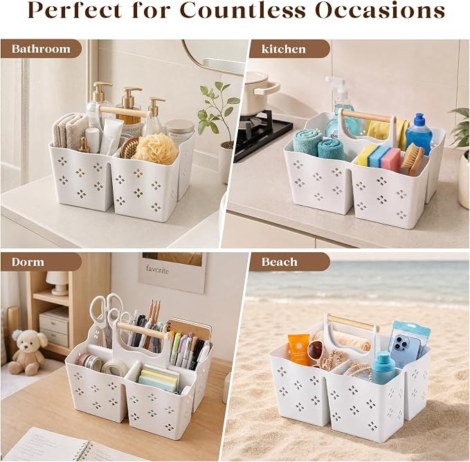 GVY Plastic Shower Caddy Portable, Large Capacity Shower Basket with Handle, Divided Bathroom Toiletry Organizer, Quick-Drain Shower Caddy for College Dorm Beach Kitchen Essentials, White.