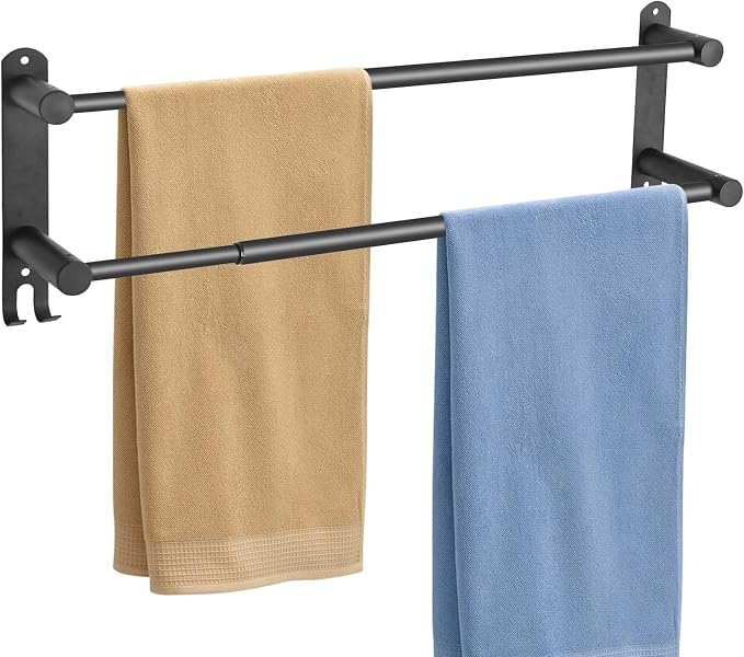 Black Double Towel Bar，Stretchable Double Towel Holder | Stainless steel bathroom towel rack, stainless steel towel holder, suitable for bathrooms and kitchens