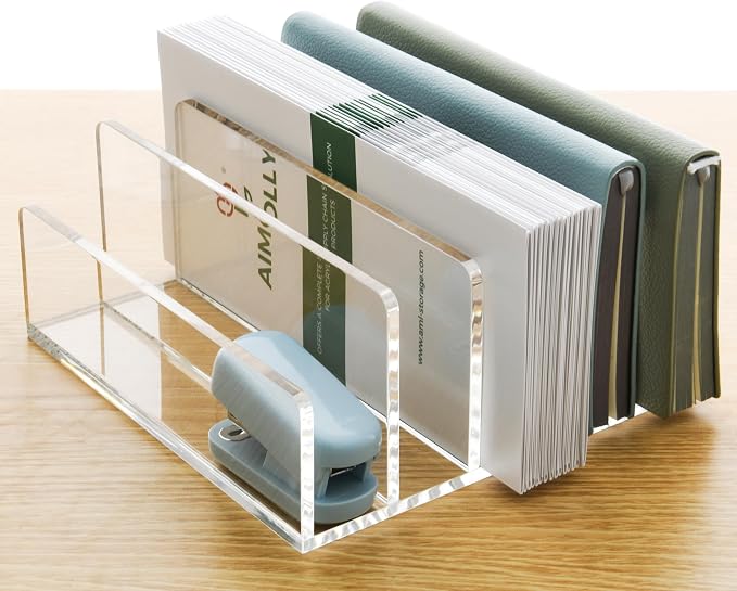 5 Compartments Clear Acrylic Mail Holder – Vertical Letter Sorter & Multifunction Desk Organizer for Bills, Documents, Notebooks – Modern Office/Home Envelope File Rack