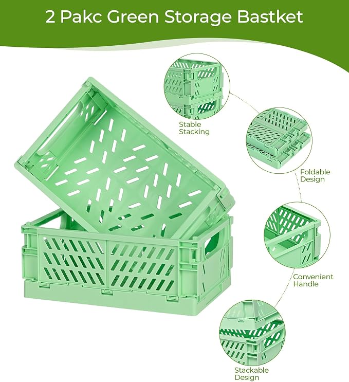 HUUSMOT 4-Pack Collapsible Plastic Storage Baskets, Green, 9.8"x6.5"x3.8" | Pastel, Space-Saving, Collapsible Plastic Bins, Cute Mini Storage Crates, for Classroom, Kitchen, Office, Bedroom