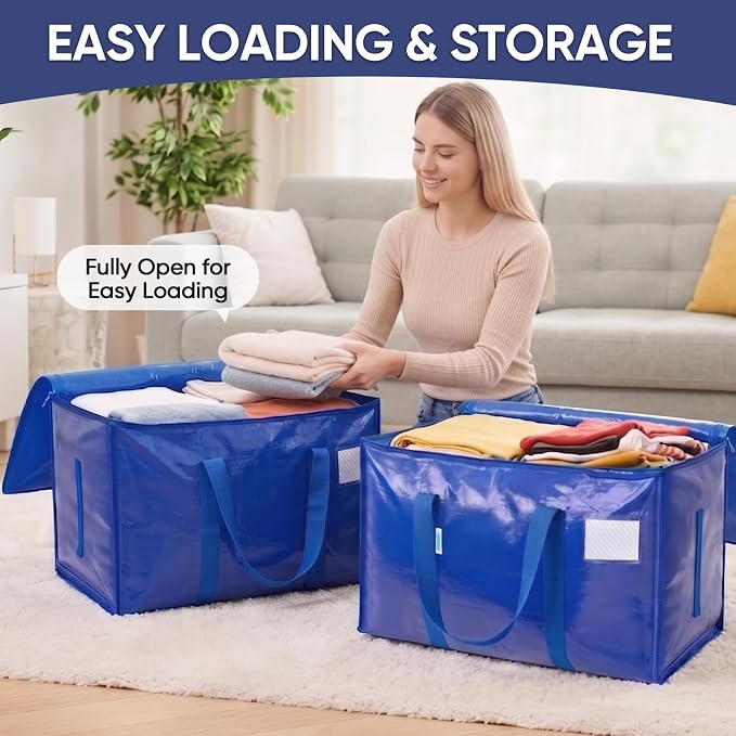 TICONN 6 Pack Extra Large Moving Bags Heavy Duty with Zippers & Carrying Handles, Durable Storage Bags Moving Boxes for Closet Organizers and Storage (6 Pack, Blue)