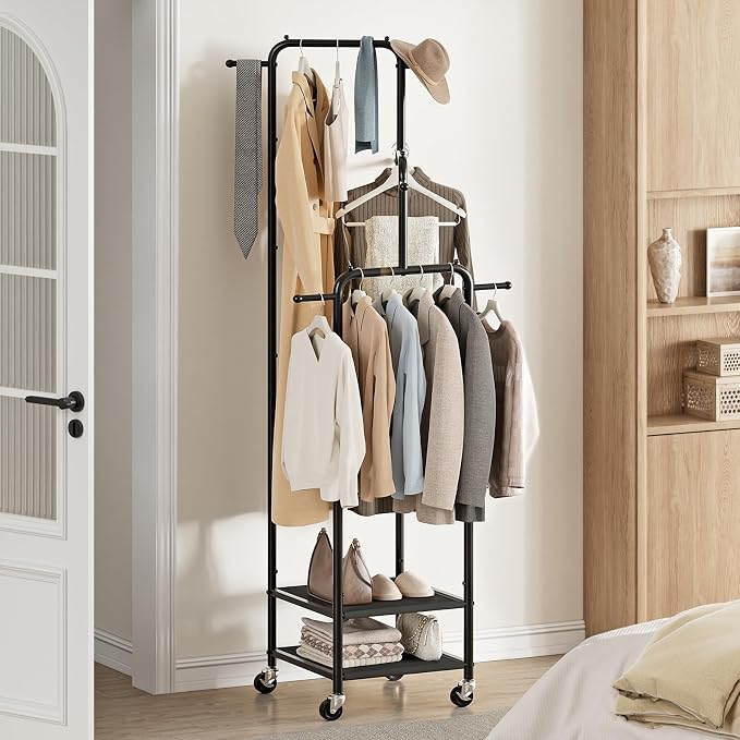 Chrislley Small Clothing Rack With Wheels & 2 Shelves, Narrow Clothes Rack | 3-Section Different Heights Metal Rolling Garment Rack, 71" Tall Portable Coat Rack with 6 Hooks for Bedroom, Entryway, Black