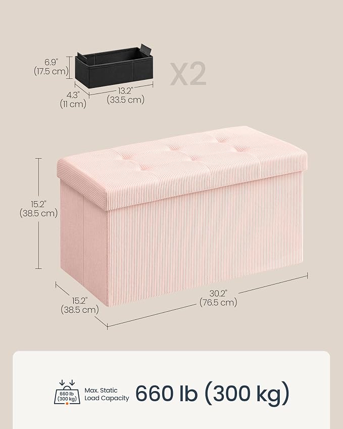SONGMICS Home Ottoman with Storage, Removable Lid, Folding Storage Chest, Easy Assembly, for Entryway, Bedroom, Living Room, 15.2 x 30.2 x 15.2 Inches, Corduroy, Light Pink
