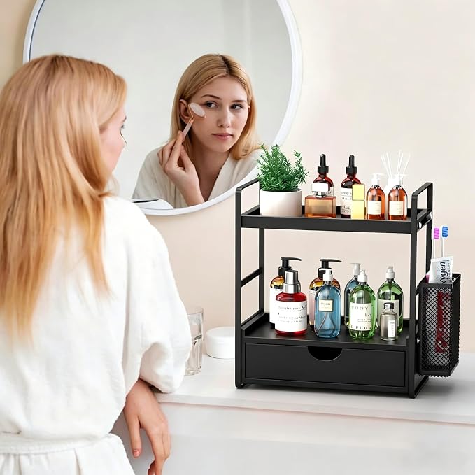 Bathroom Counter Organizer with Basket, Bathroom Organizers and Storage,Skincare Organizers for Vanity,Storage Organizers for Bathroom, Kitchen, Dresser (Black with Drawer)