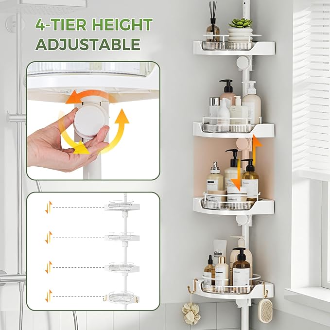 akinbas 360° Rotating Shower Caddy Tension Pole with 4-Tier Rustproof Lazy Susan 35-128 Inch No Drilling Coner Shelves Adjustable Shower Rack for Bathroom Bathtub Washbasin Plant Storage (White)