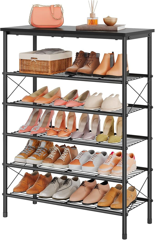6 Tier Shoe Rack for 20-24 Pairs of Shoes, Black | Sturdy & Durable, X Shape Fixed Frame, Metal Mesh Shoe Shelf, Industrial, For Closet, For Entryway Shoe Storage