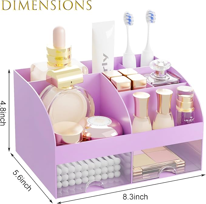 Makeup Organizer with 2 Drawers, Cosmetic Storage for Dresser Vanity and Bathroom Countertop,Make up organization and Skincare Storage with Beauty Brush Holder, Cosmetic Display Case (Purple)