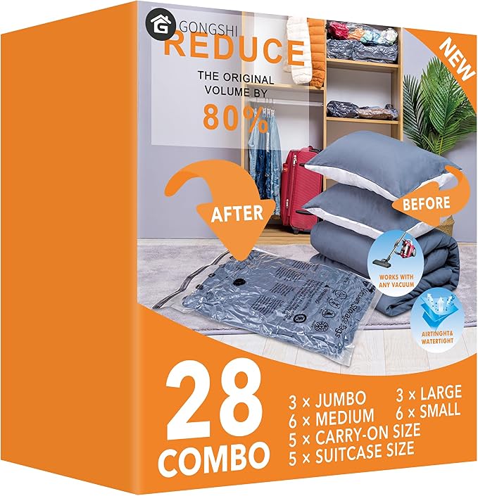 GONGSHI Vacuum Storage Bags, Space Saver Seal Bags For Clothing, Travel Luggage,Blankets, Comforters, Pillows, Clothes Storage.28 Combo