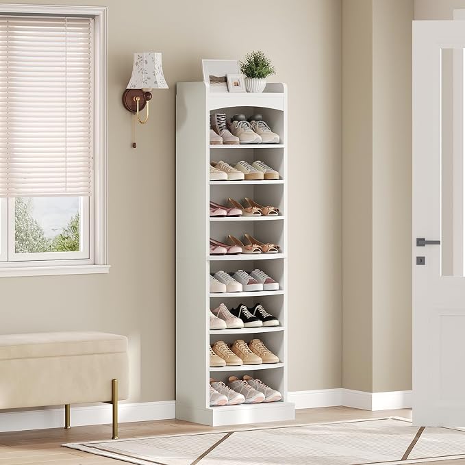 9-Tier Tall Shoe Rack, Wooden Shoe Storage Organizer, Narrow Shoe Cabinet with Removable Shelves for Small Spaces, Holds 18 Pairs of Shoes, for Entrance, Hallway, White SS22WT
