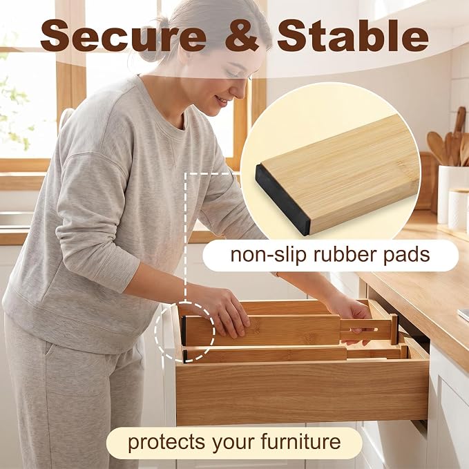 Joyeee Kitchen Drawer Dividers 8 Pack, 16.9-22" Adjustable Bamboo Drawer Organizer, 2.28" High Expandable Utensils Separators for Closet, Dresser, Bathroom, Bedroom
