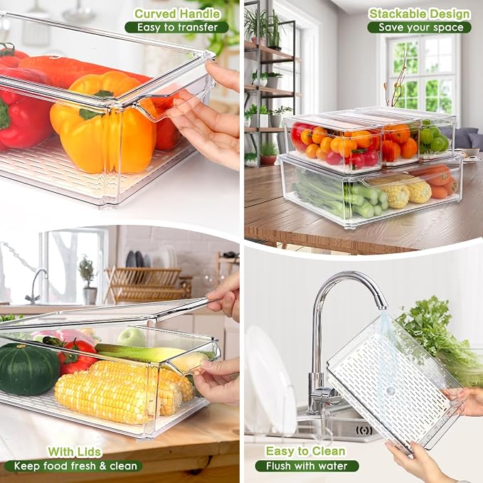 ZIJUND 4 Packs Fridge Organizers and Storage, Refrigerator Organizer Bins | Stackable BPA-Free Refrigerator Organizers and Storage Containers for Fruit, Vegetable, Food, Drinks, Cereals, Clear