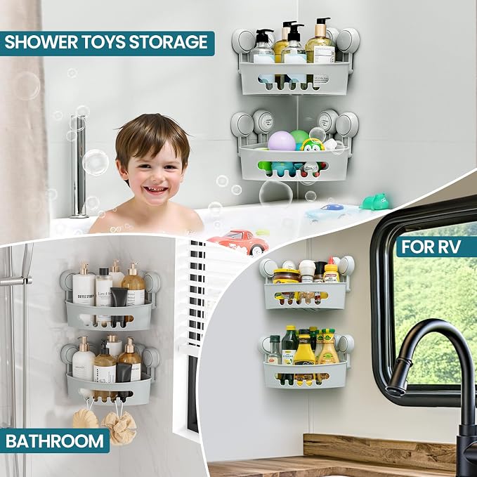 TAILI Corner Shower Caddy Organizer, Plastic Shower Caddy Suction Cup, Grey | 2 Pack Shower Caddies, No Drill Shampoo Holder, Removable Shower Basket, Wall Mounted Organizers
