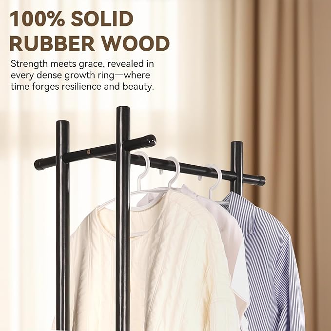 Wood Coat Rack Freestanding Clothing Rack with 3 Shelves and 5 Hooks | Heavy Duty Coat Tree Garment Rack Coat Hanger Stand for Corner Entryways Living Rooms and Bedrooms, Black