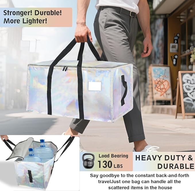 6 Pack-Extra Large Heavy Duty Moving Bags - Waterproof Storage Totes with Handles & Zippers, Foldable for College Dorm, Storage (Shiny Color)