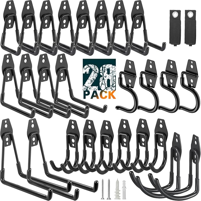 28 Pack Heavy Duty Garage Hooks, Utility Wall Mounted Storage System, with Anti-Slip Coating Hanger, for Hanging Power and Garden Tools, Ladders, Bikes, Ropes and Bulk Items
