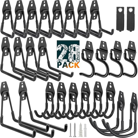28 Pack Heavy Duty Garage Hooks, Utility Wall Mounted Storage System, with Anti-Slip Coating Hanger, for Hanging Power and Garden Tools, Ladders, Bikes, Ropes and Bulk Items
